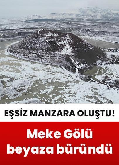 Meke Gölü'nde kar yağışının etkili olmasıyla eşsiz manzara oluştu!