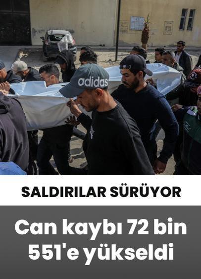 Katil İsrail'in Gazze'ye saldırılarında can kaybı 72 bin 551'e yükseldi