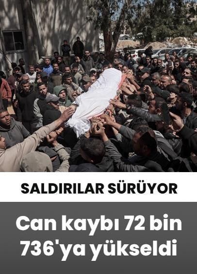Soykırımcı İsrail'in Gazze'ye saldırılarında can kaybı 72 bin 736'ya yükseldi